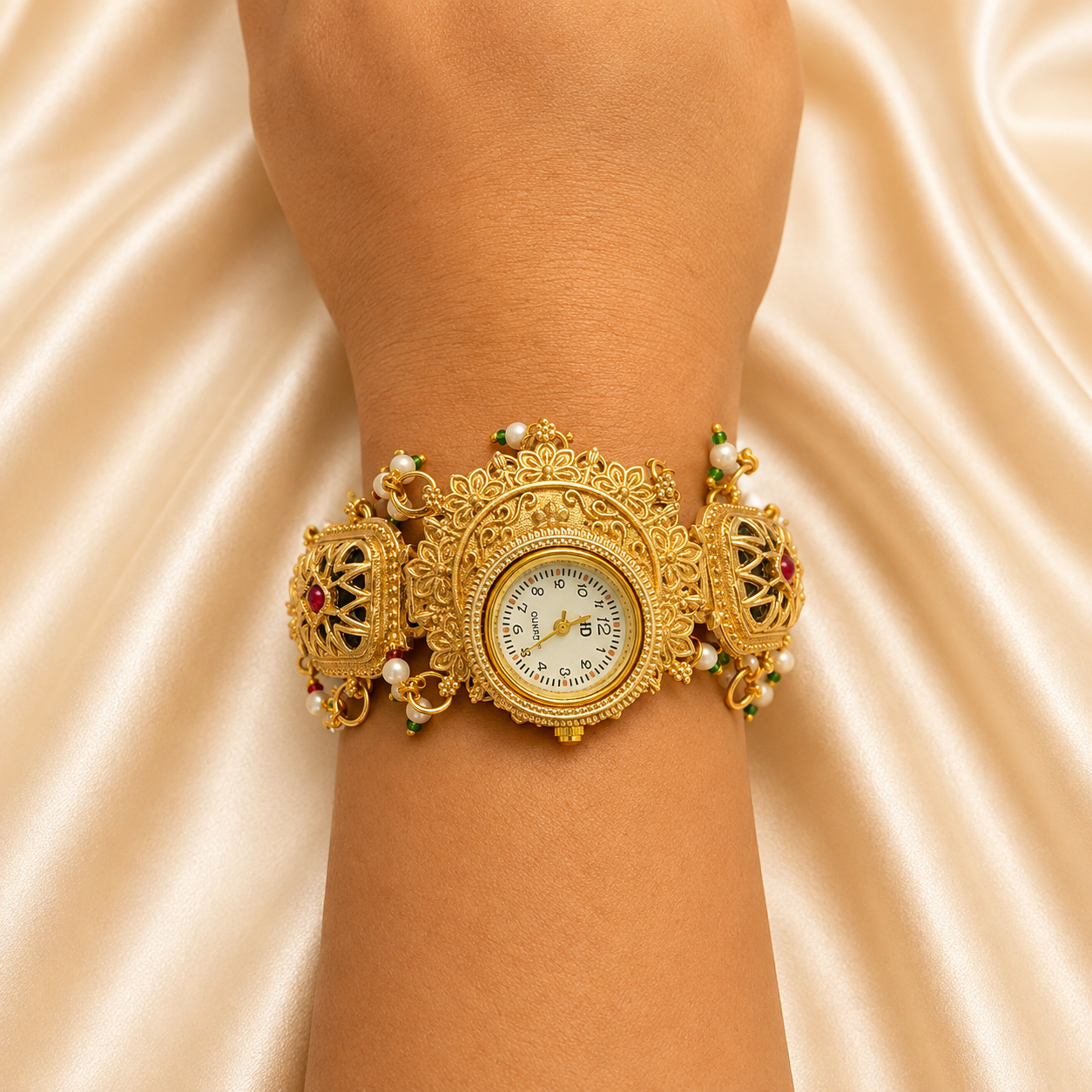 An ornate gold-toned bracelet watch with intricate filigree detailing, white pearl accents, and small red and green gemstone embellishments, shown worn on a wrist against a draped champagne satin background.