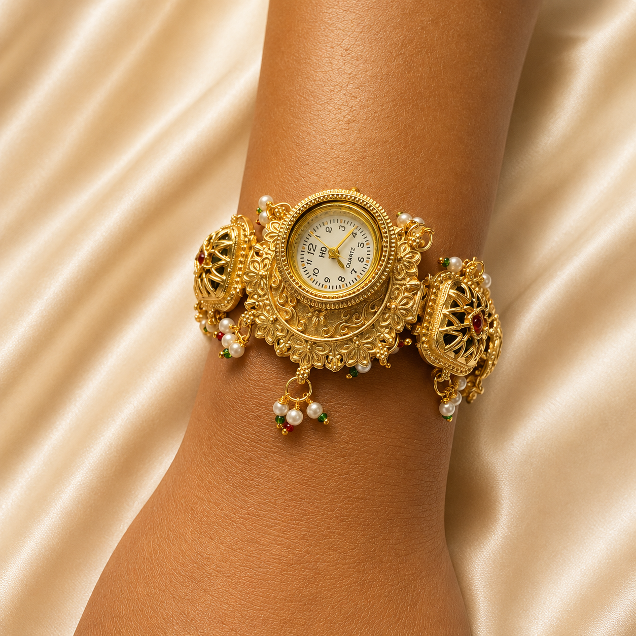 An ornate gold-toned wristwatch bracelet with a round white dial, decorative filigree sides, and dangling pearl and gemstone accents, shown worn on a person's wrist against a satin fabric background.
