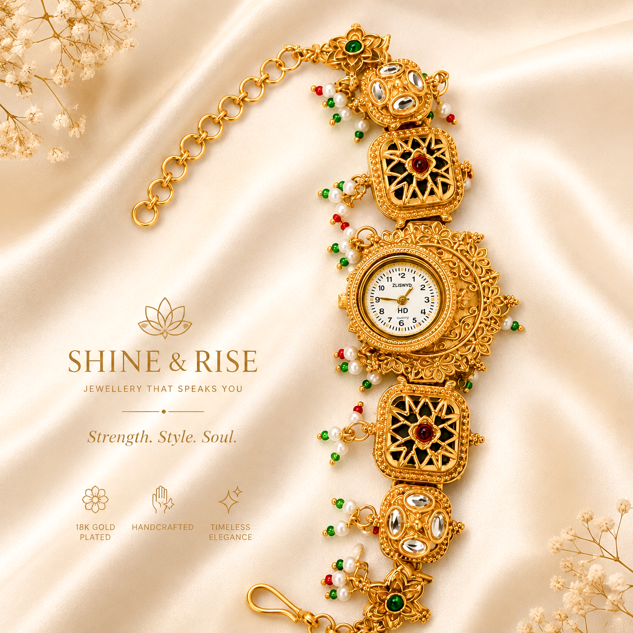 An ornate gold-plated bracelet watch with intricate filigree details, a central round clock face, and small red and green bead accents, displayed on a beige satin background with decorative dried flowers and Shine & Rise branding.