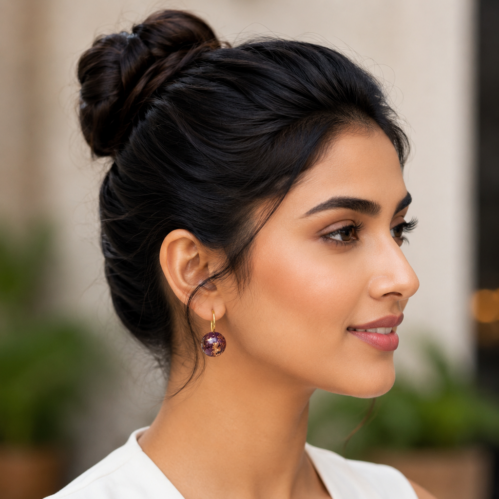 Woman with styled hair and earrings in an outdoor setting