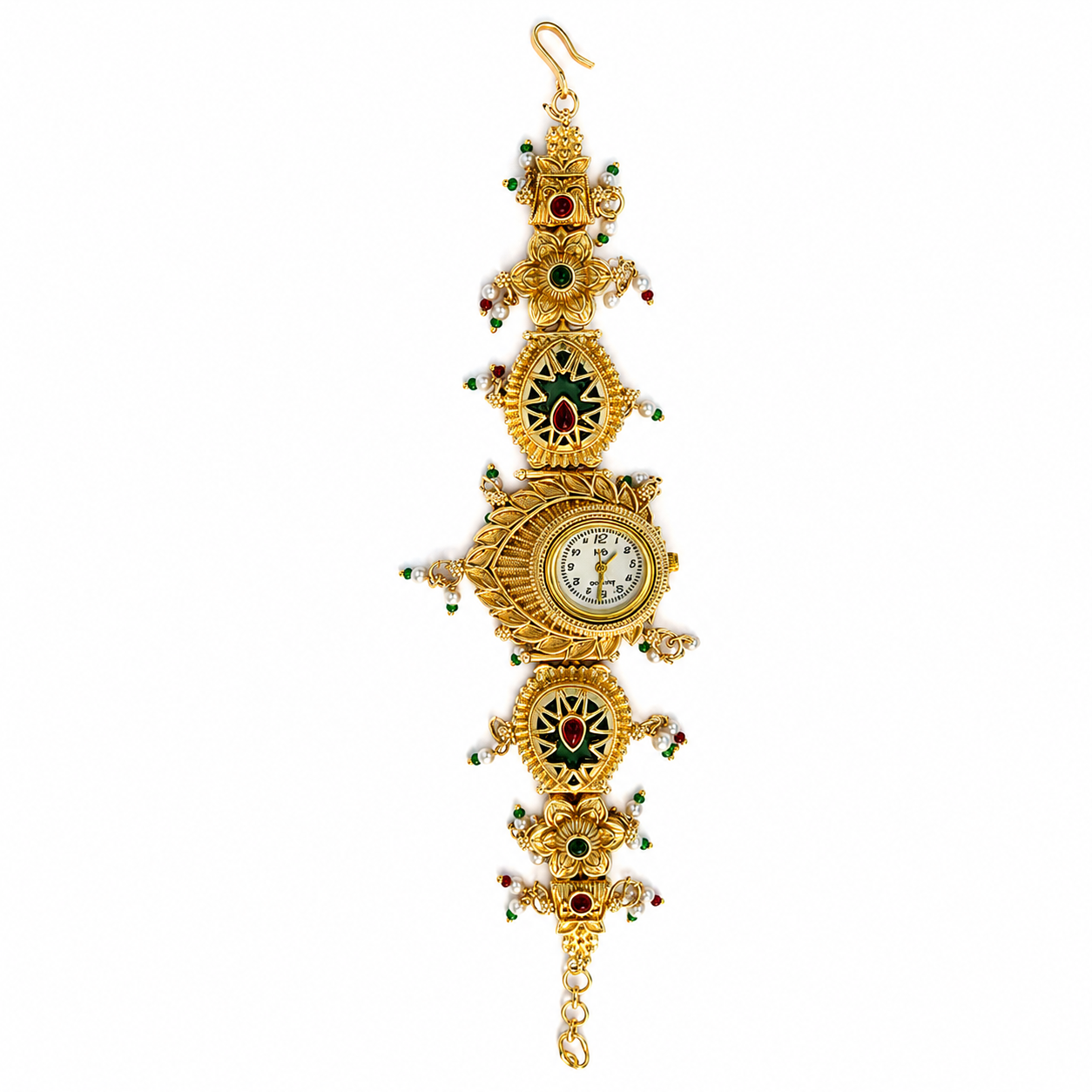 An ornate gold wall clock with intricate filigree details, green and red enamel accents, and a white clock face, shown against a plain white background.