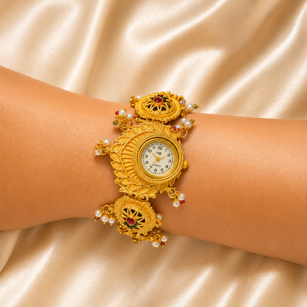 An ornate gold-plated traditional Indian watch bracelet with intricate filigree, small white pearls, and red and green stone accents, shown worn on a person's wrist against a draped champagne satin background.