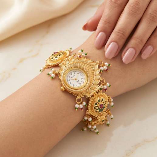 A close-up of a woman's wrist and hand wearing an ornate gold bracelet watch with a central round clock face and dangling pearl-like beads with small red and green accents, set against a soft cream satin and marble background.
