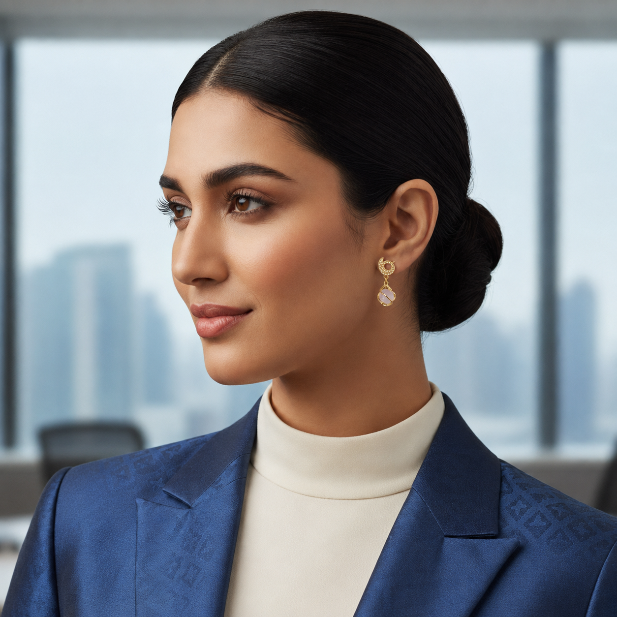 Woman in a professional setting wearing a blue blazer and white turtleneck with a blurred office background.