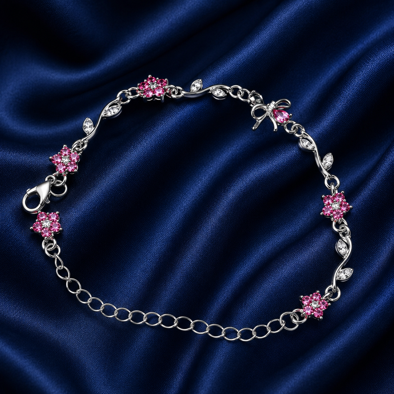 A silver chain bracelet decorated with pink crystal flower motifs and a small bow detail, displayed on a dark blue satin fabric background.