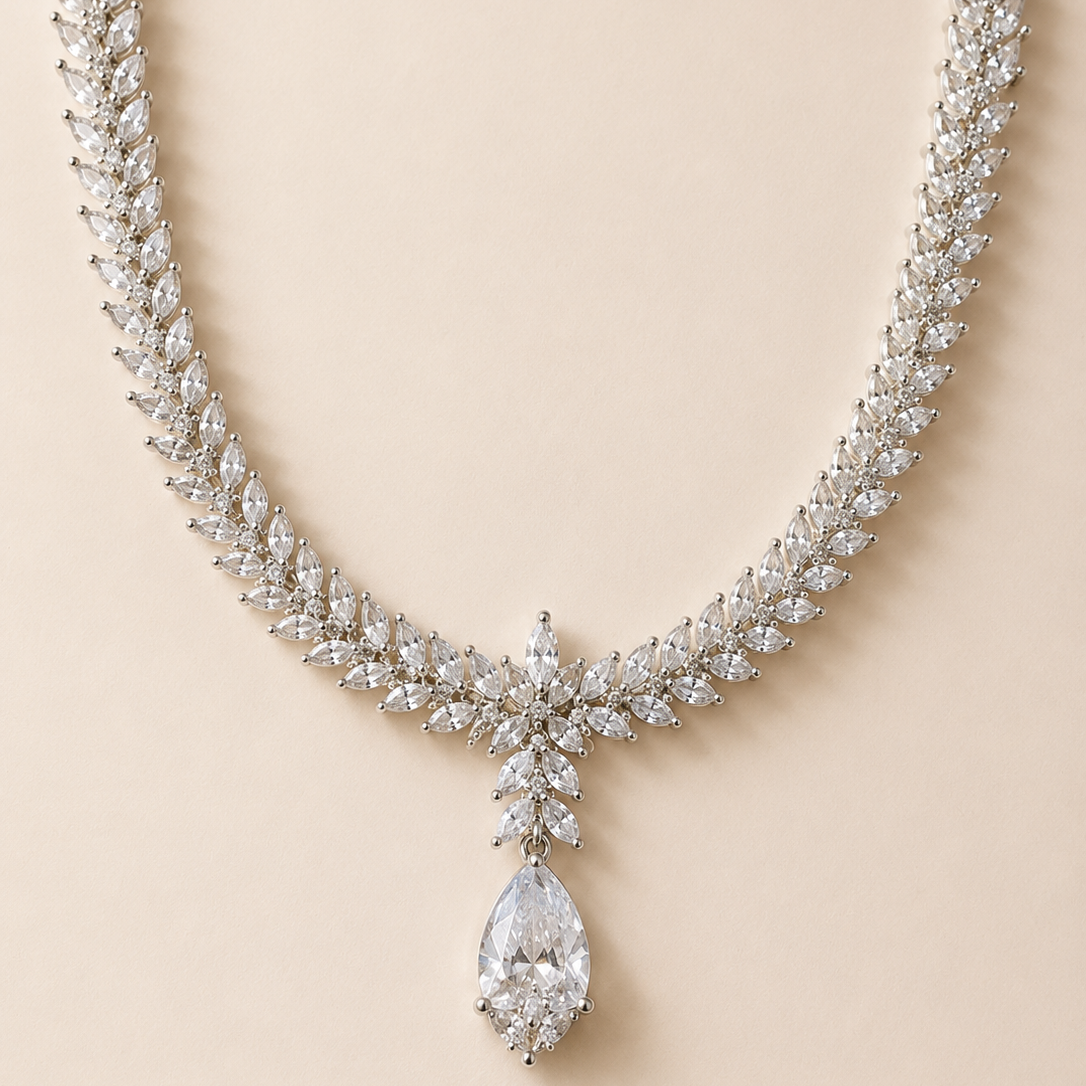 Elegant american diamond necklace on a beige background