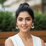 Woman wearing white earrings with a blurred outdoor background
