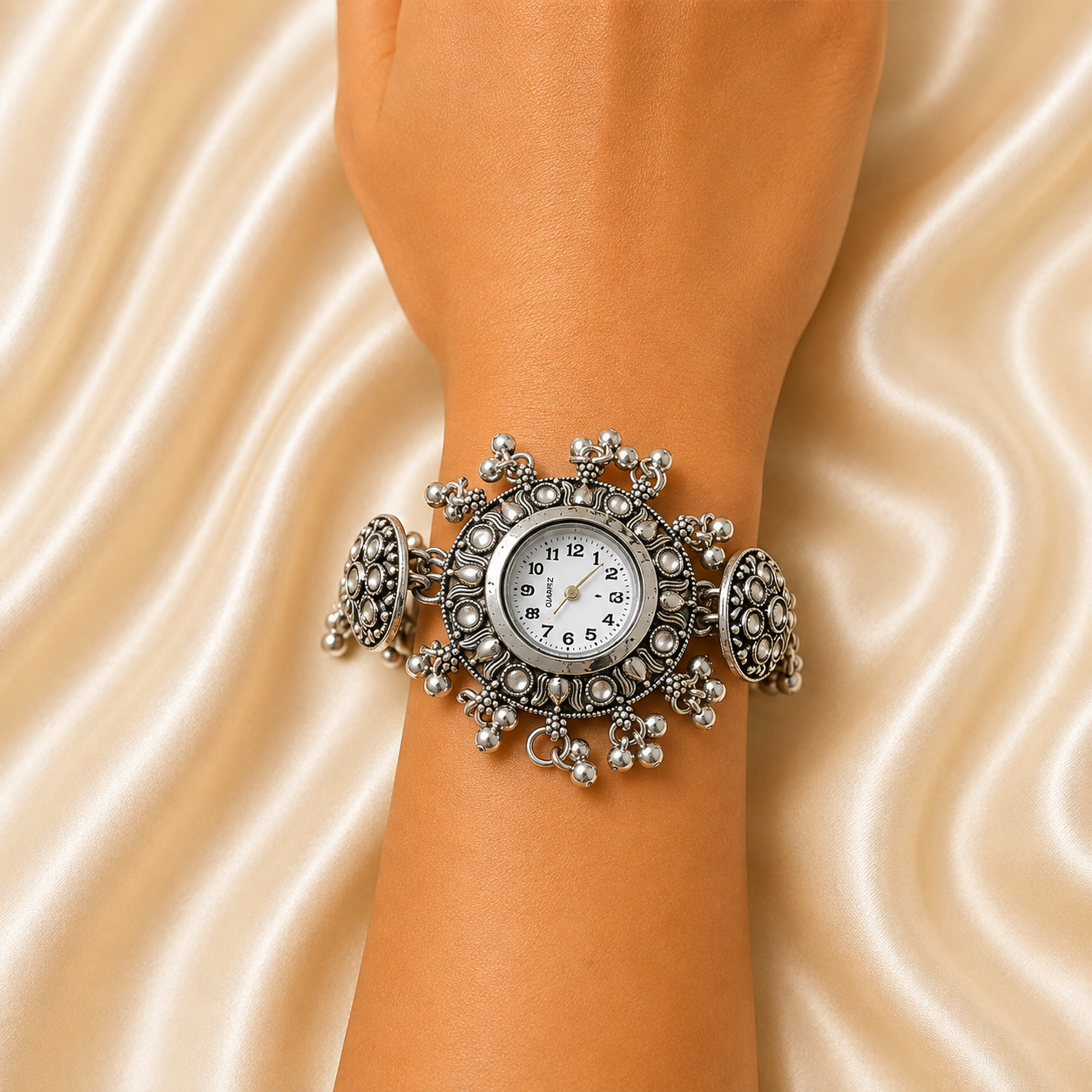A close-up of a woman's wrist wearing an ornate silver-toned watch with a round white dial and decorative crystal-like detailing, set against a soft beige satin fabric background.
