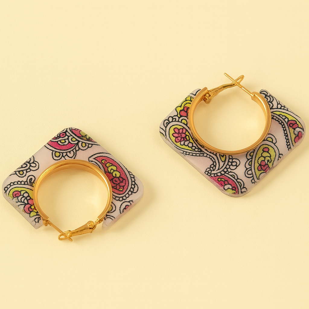 Grey Paisley Square Hoop Earrings