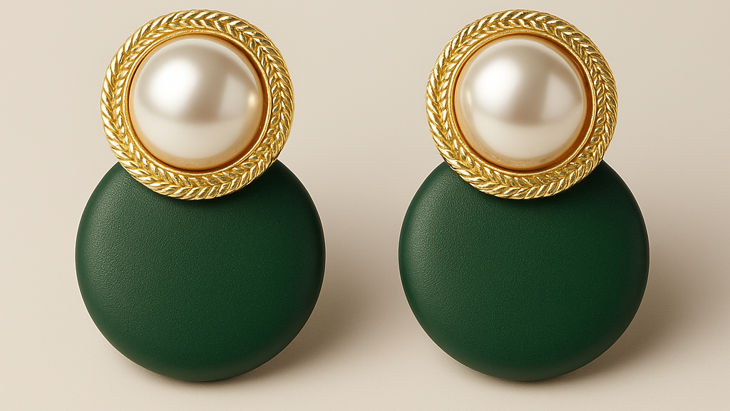 Green Elegant Pearl & Golden Rope Frame Stud Earrings