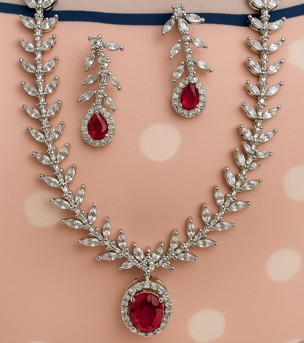 Crimson Royale Ruby Neckalce and Earrings Heavy Set