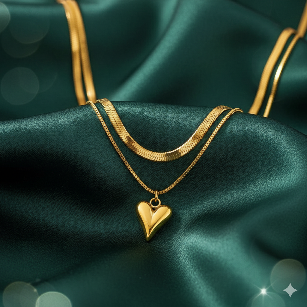 Golden Double Snake Chain Heart Pendant