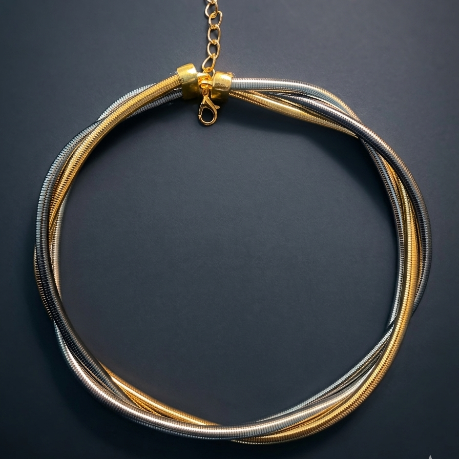 Necklace with gold and silver strands on a dark background