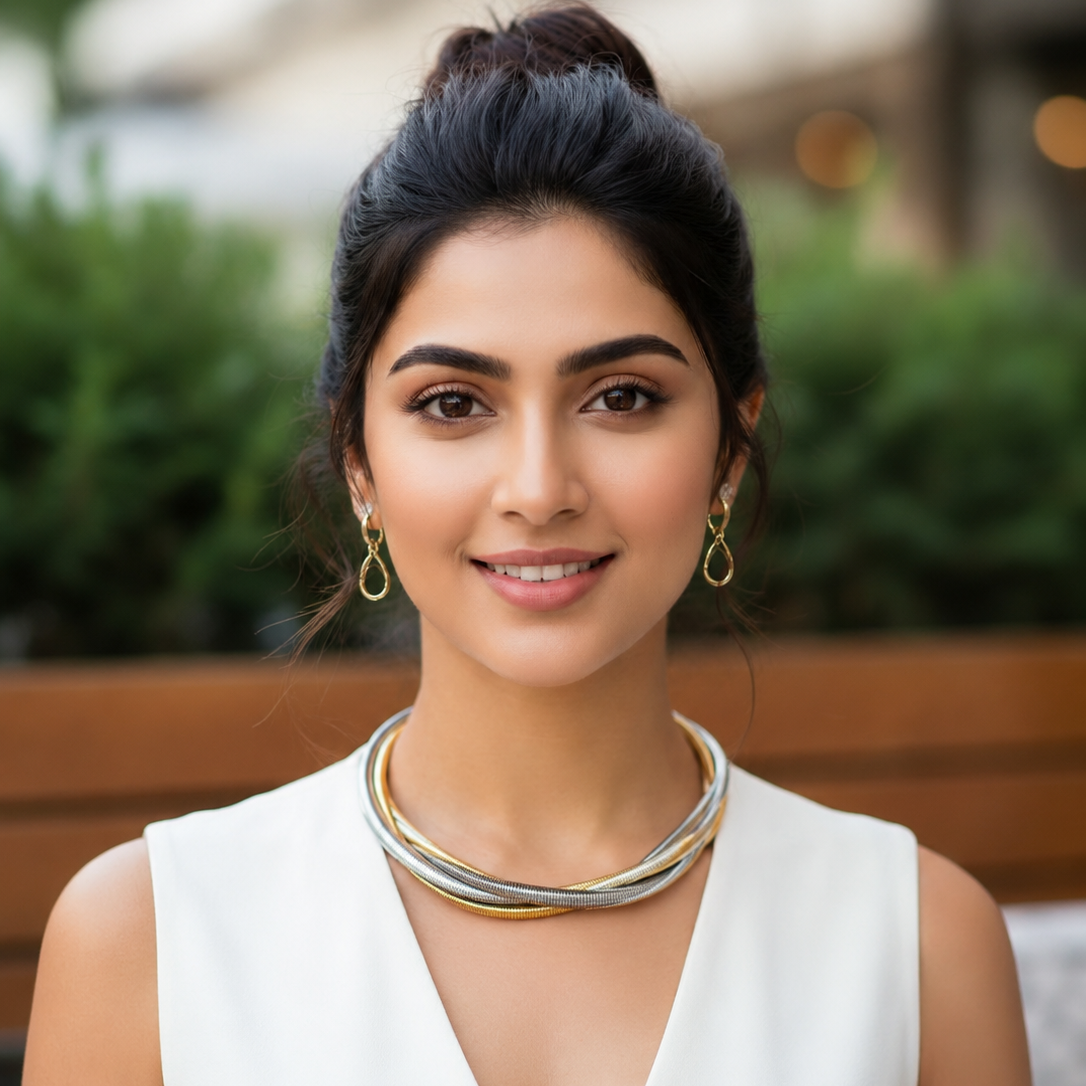 Woman wearing a white sleeveless top and gold necklace with a blurred outdoor background