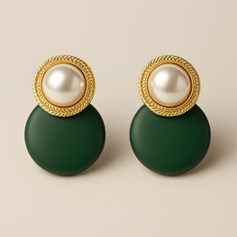 Pair of earrings with green round bases and gold tone rims featuring a central pearl on a beige background.
