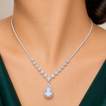 Elegant american diamond necklace on a model wearing a green dress