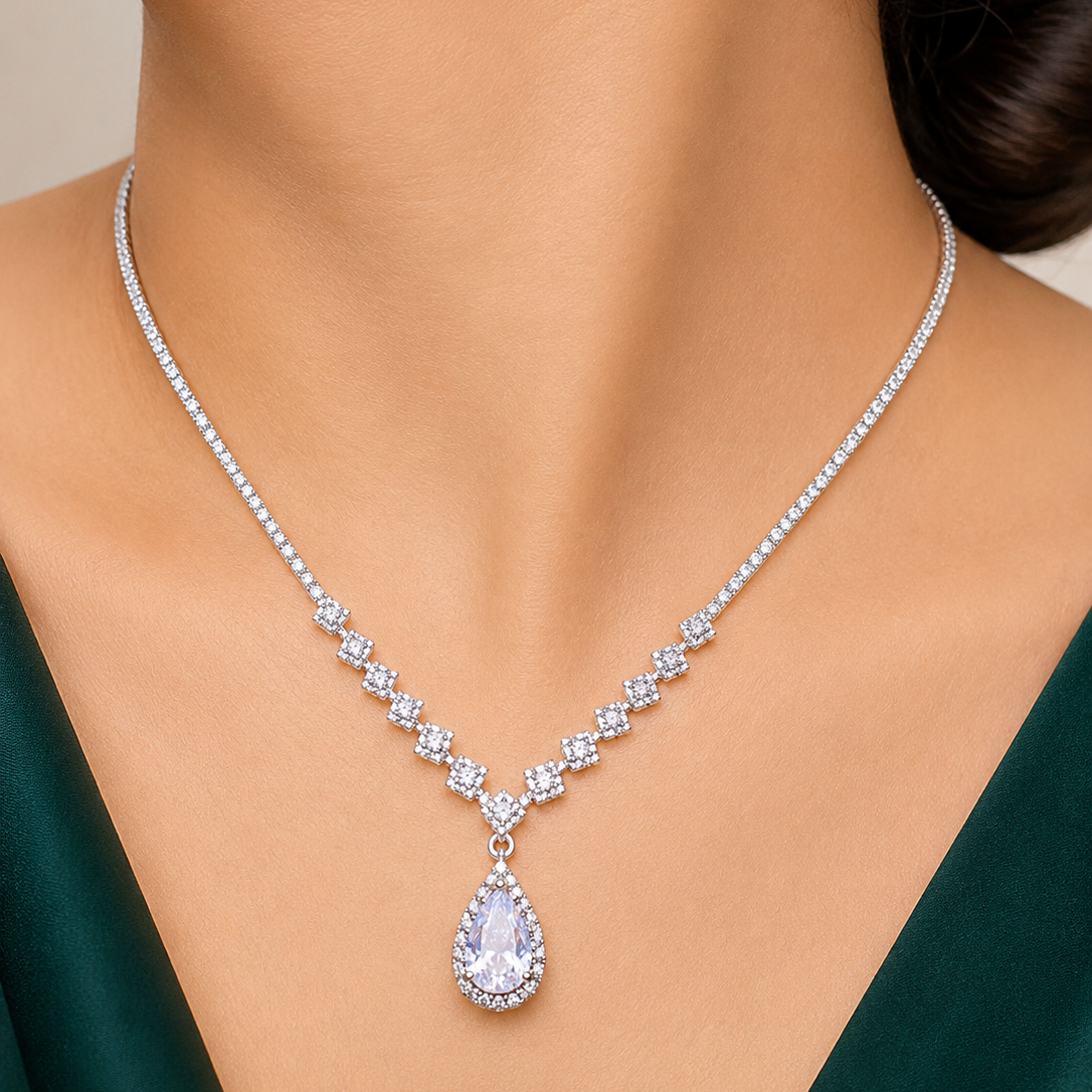 Elegant american diamond necklace on a model wearing a green dress