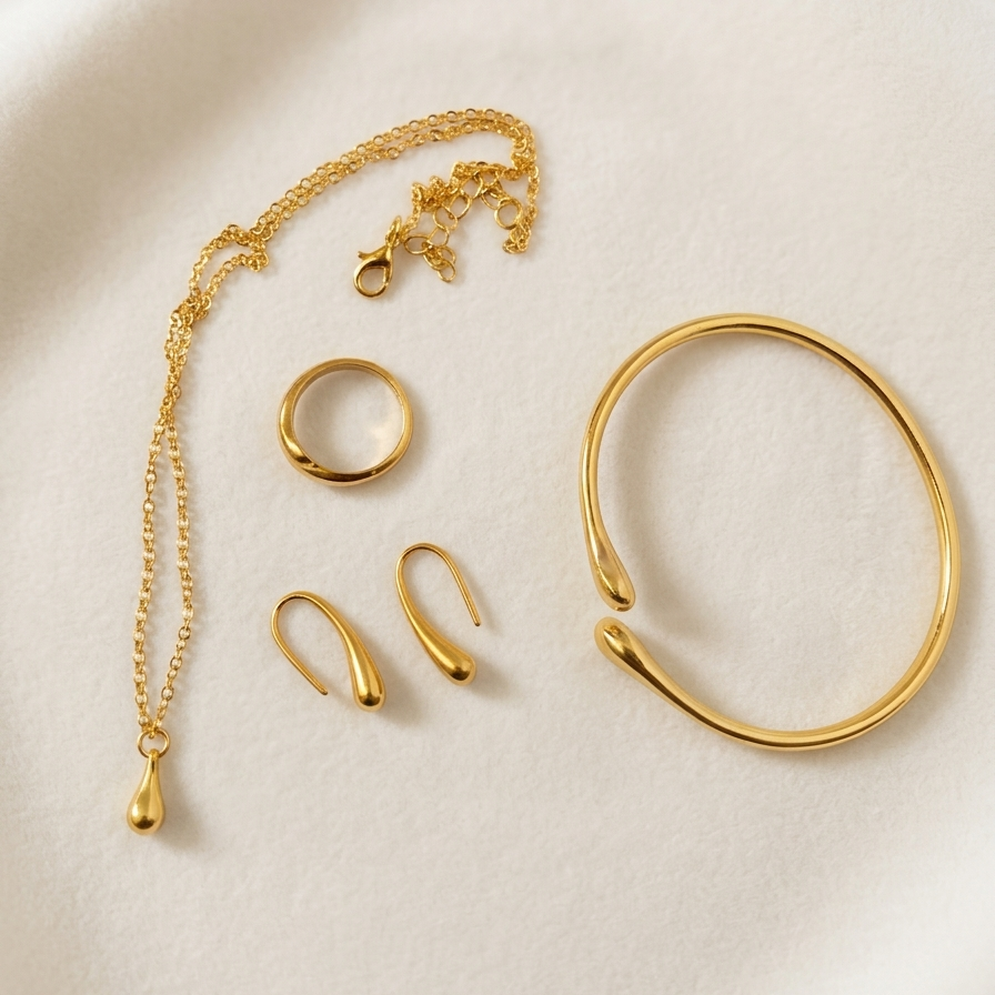 Set of gold tone jewelry including a bracelet, ring, and earrings on a beige background