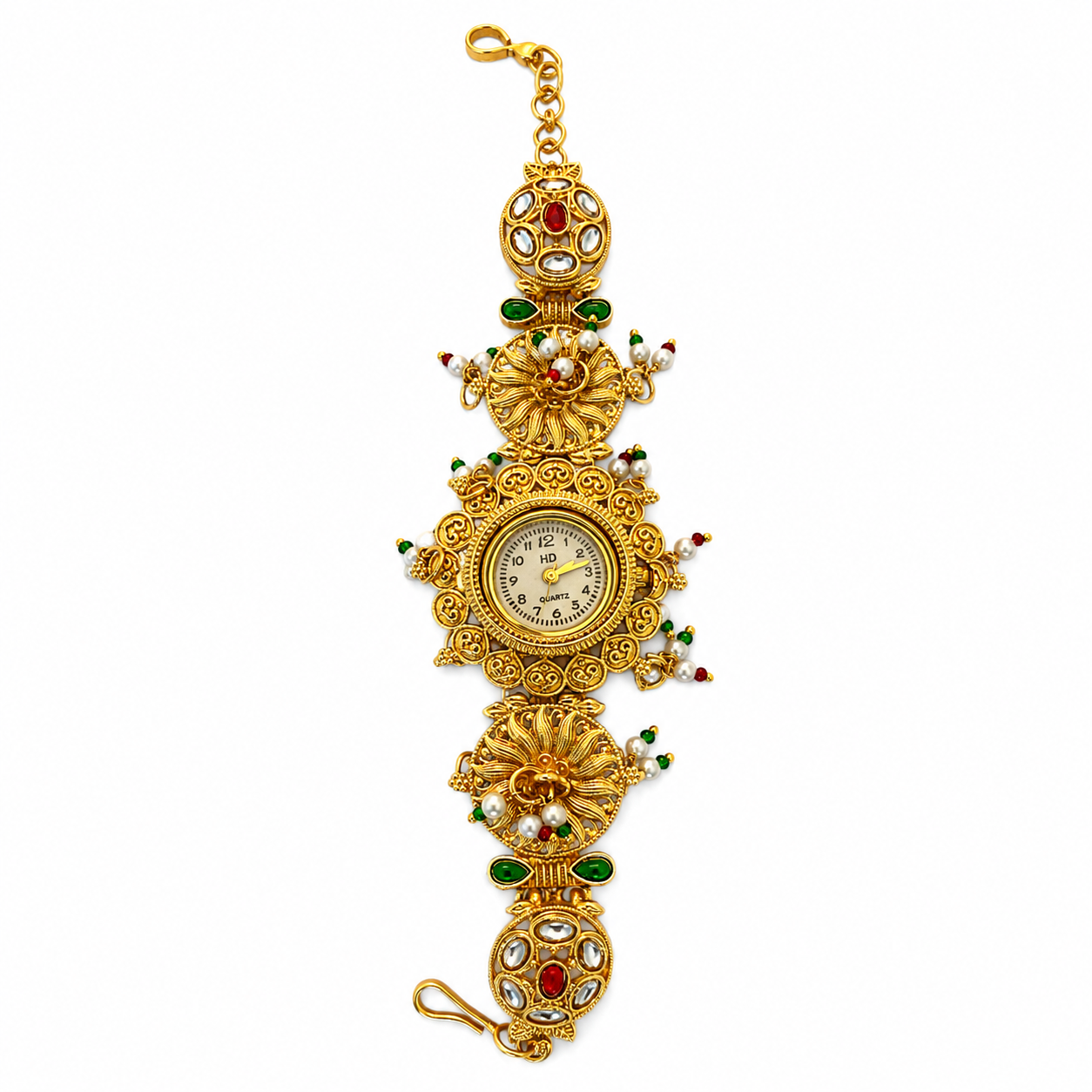 An ornate gold-plated bracelet watch decorated with red and green enamel, white faux pearls, and clear rhinestones, shown against a plain white background.