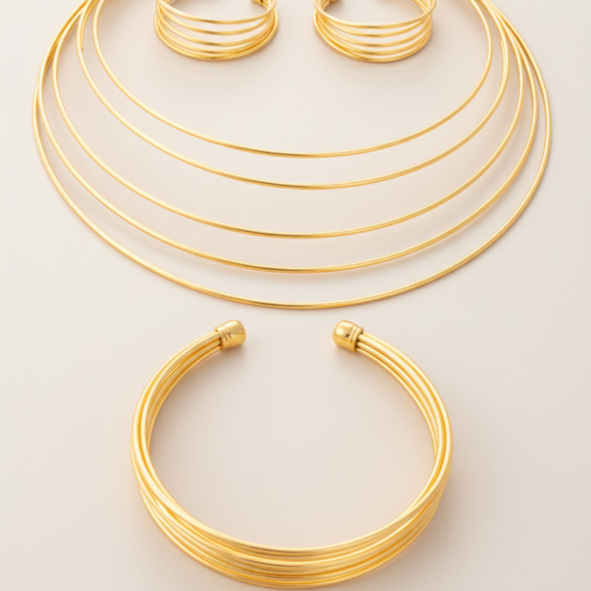Golden Unity Statement Set  (Includes collar necklace, cuff bracelet, and hoop earrings)