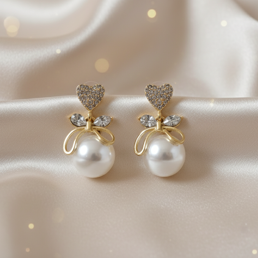 Pearl Heart Bow Drop Earrings
