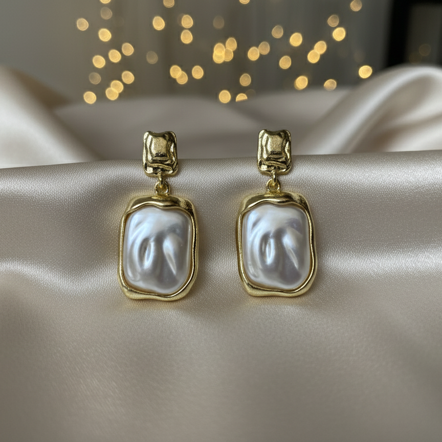 Golden Contour Pearl Drop Earrings