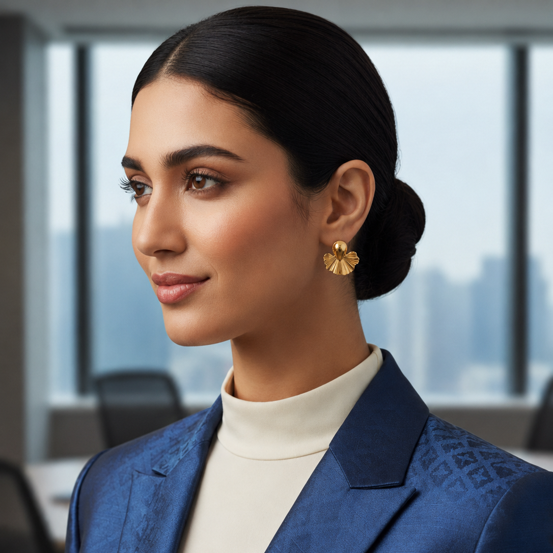 Woman in a blue blazer and white turtleneck in an office setting