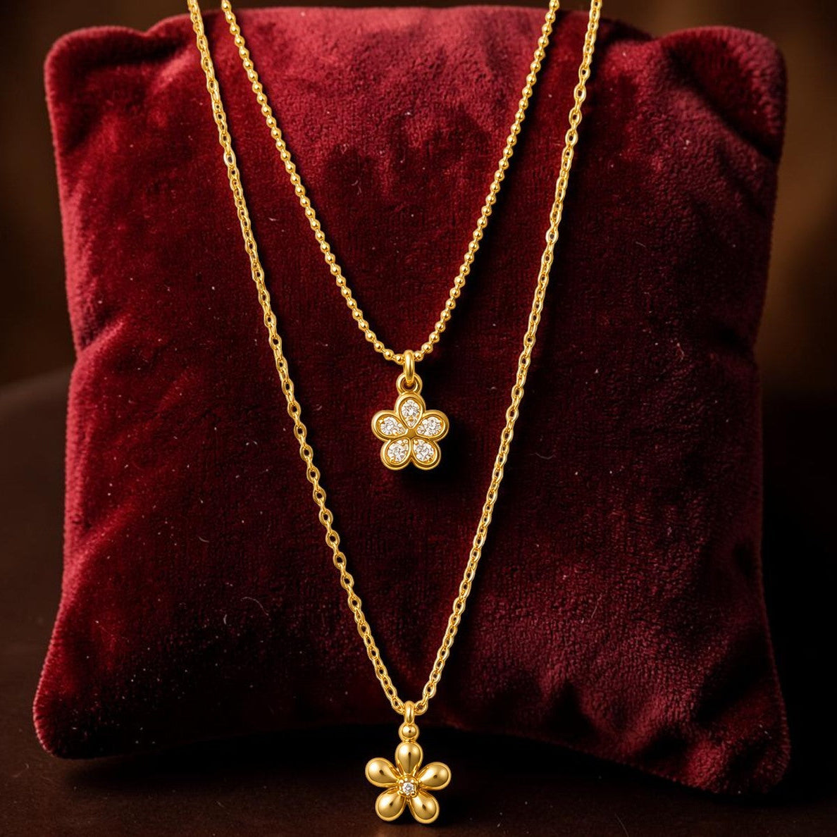 Gold tone necklaces with floral pendants on a red velvet cushion