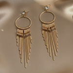 Gold tone fringe earrings on a beige fabric background