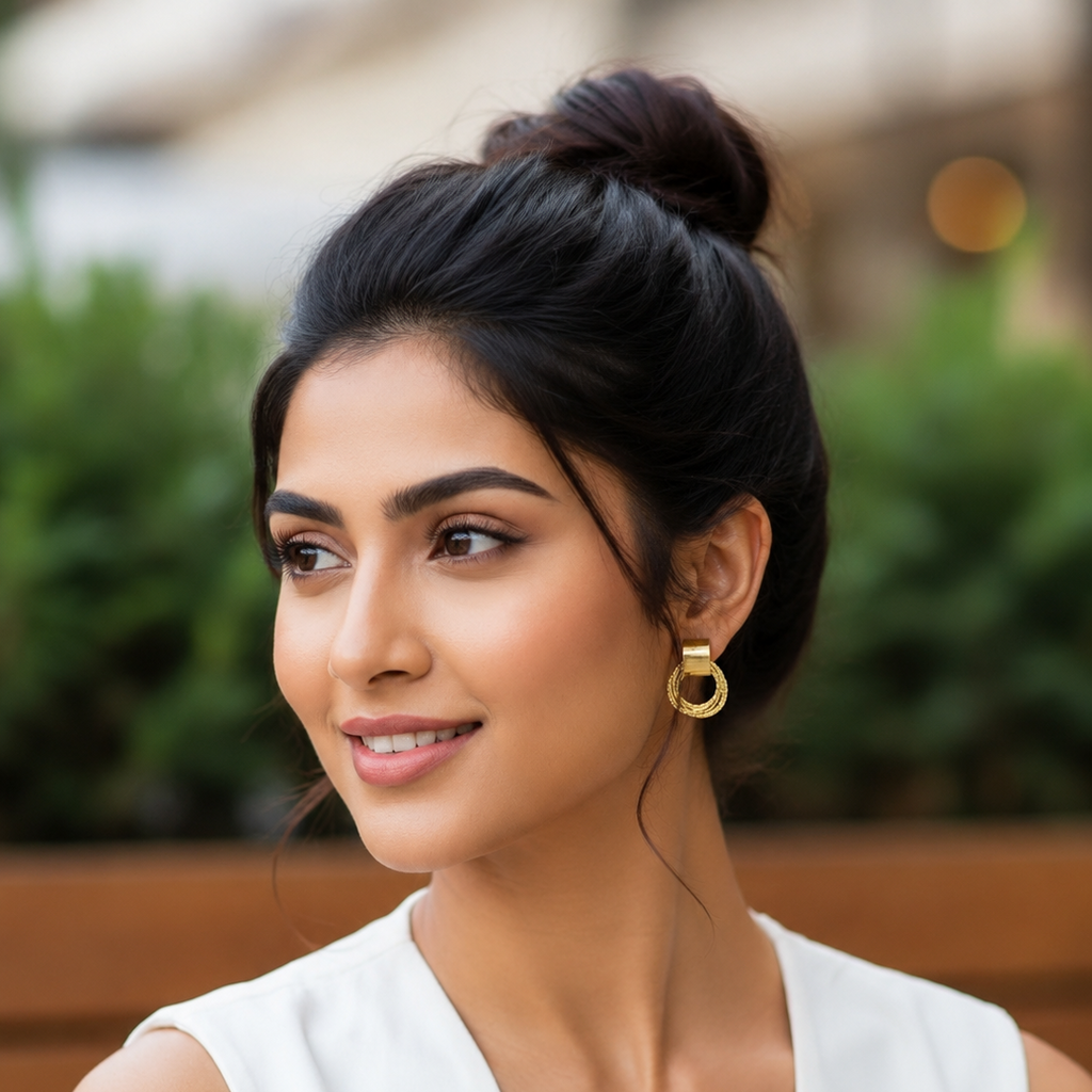 Woman wearing gold tone earrings with a blurred outdoor background