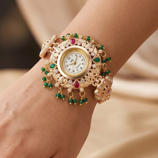 A close-up of a gold-toned ornate bracelet watch with green and red gemstone accents, worn on a person's wrist against a soft beige fabric background.