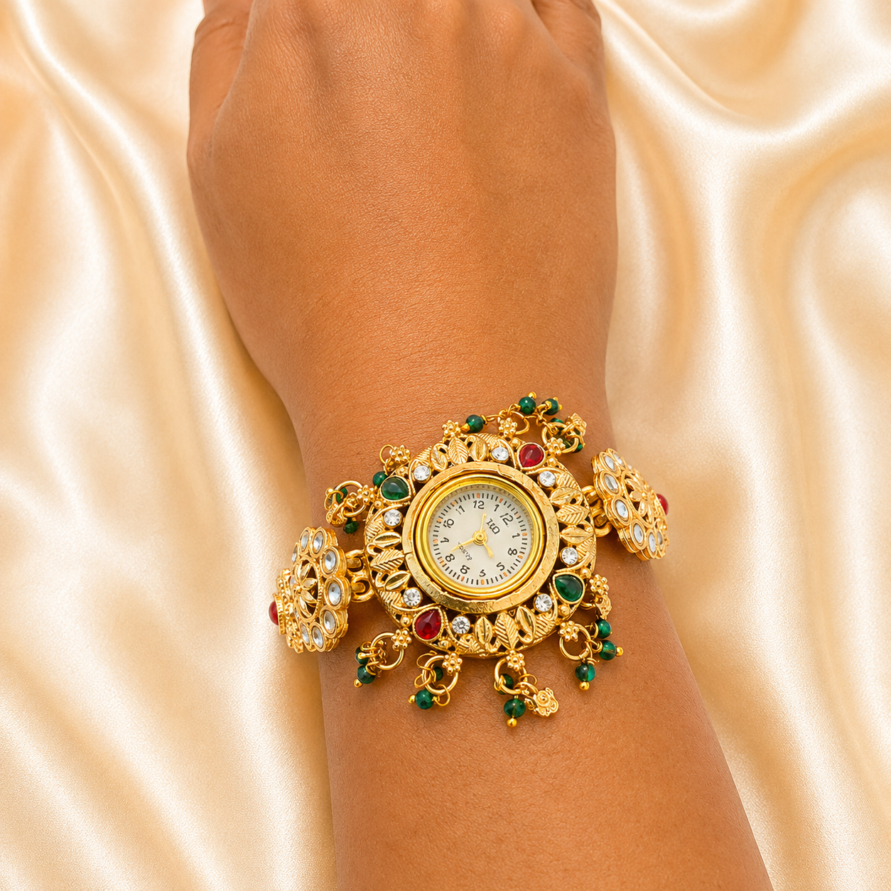 An ornate gold-toned wristwatch with red and green gemstone accents, shown worn on a person's wrist against a draped satin fabric background.