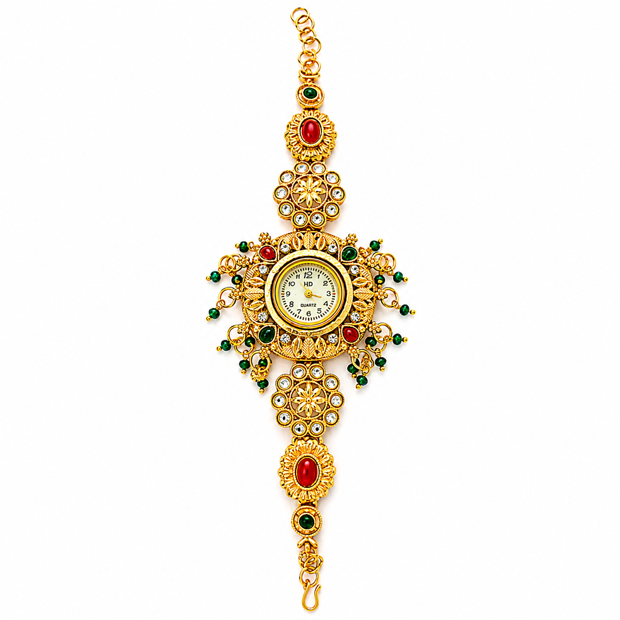 A gold-plated ornate wrist watch with a central round dial, decorated with red and green stones and intricate filigree details, shown on a plain white background.