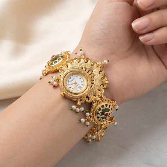 A close-up of a woman's wrist wearing an ornate gold-plated watch with intricate filigree detailing, white pearls, and green and red enamel accents.