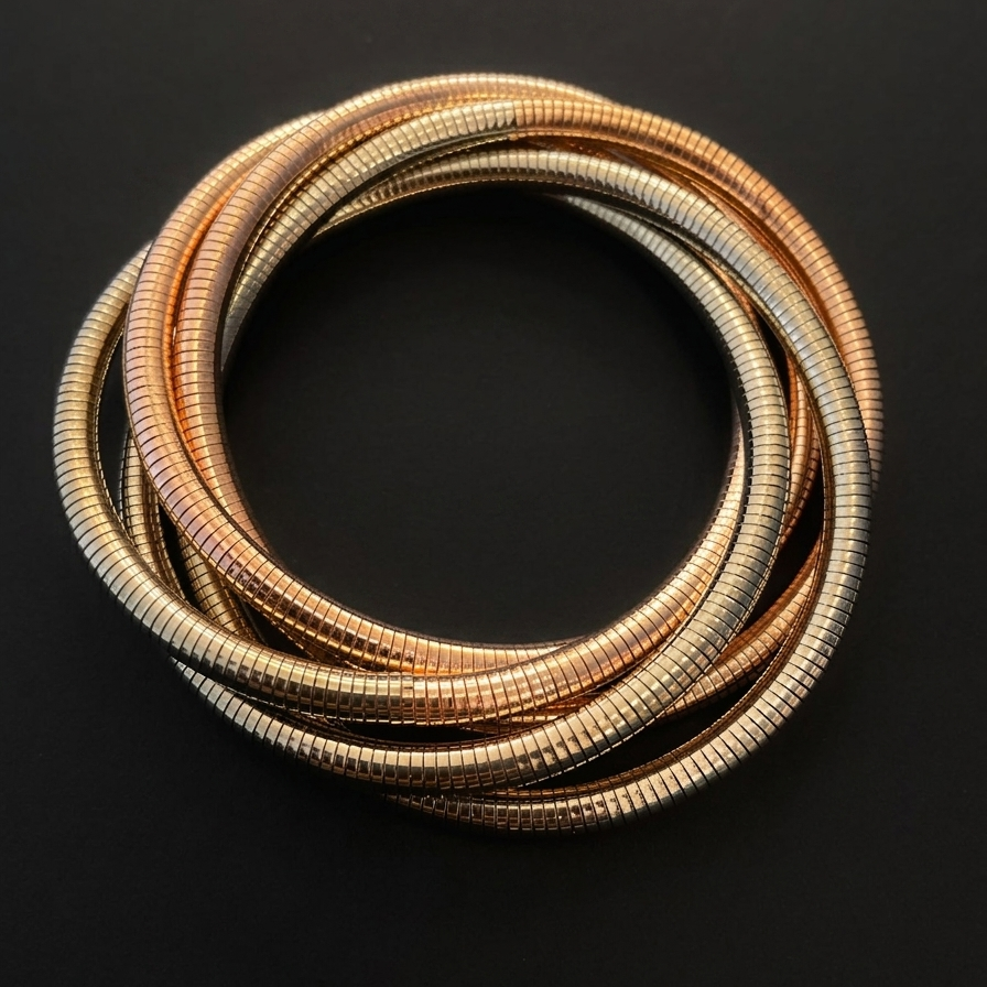 Coiled gold and bronze jewelry on a black background