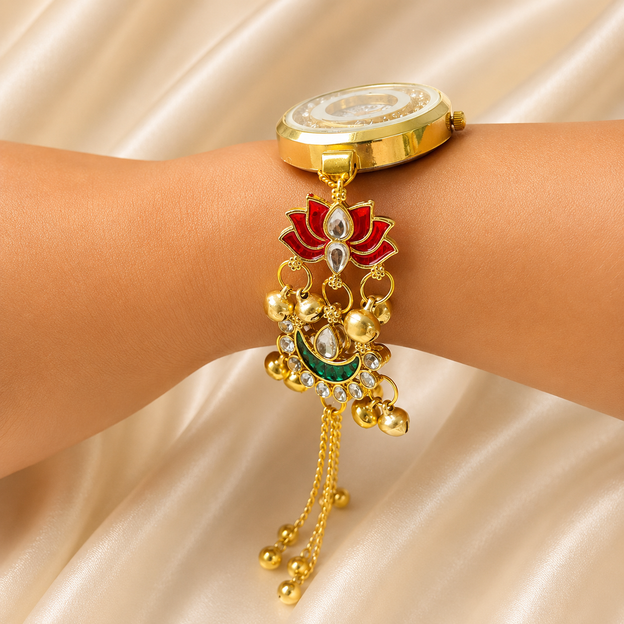 A gold-plated wristwatch with an ornate decorative bracelet featuring a red lotus flower, green and white stones, and dangling gold bells, shown worn on a person's wrist against a beige satin background.