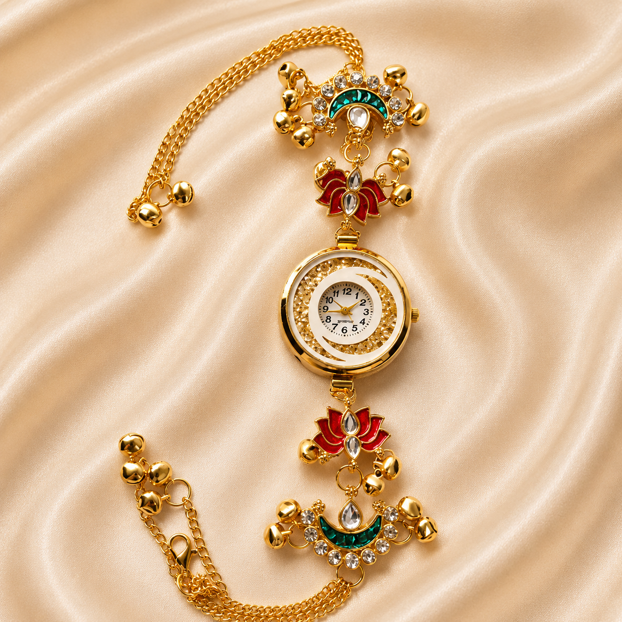 A gold-toned decorative wristwatch with ornate floral and crescent moon motifs, green and red enamel details, and a white dial, displayed on a beige satin fabric background.