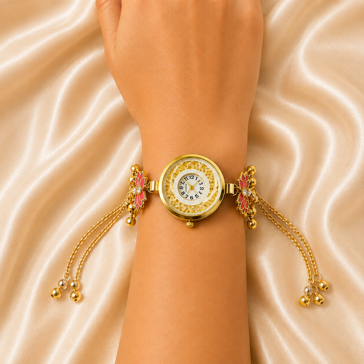 A gold-toned wristwatch with ornate floral details and dangling chain bracelets, shown worn on a person's wrist against a satin fabric background.