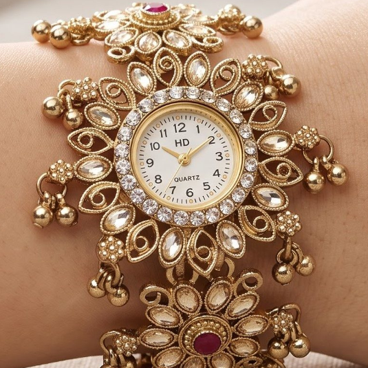 An ornate gold-toned watch with a wide, decorative bracelet featuring clear stones, small gold bells, and two red oval accents, shown worn on a wrist.