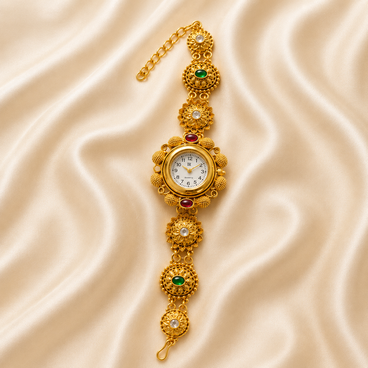 An ornate gold-tone watch with a floral link bracelet, featuring green and red gemstone accents and a white dial, displayed on a beige satin fabric background.