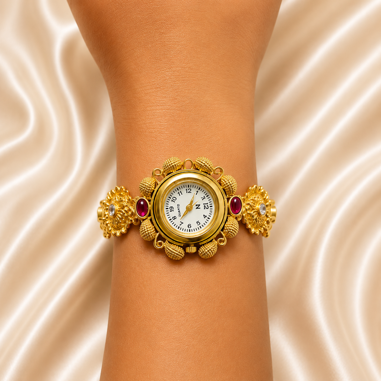 A gold-toned bangle watch with a round white dial, Roman numerals, and red gemstone accents, shown worn on a person's wrist against a beige satin background.