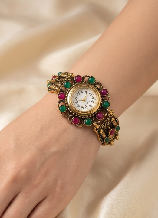 A close-up of a woman's wrist wearing an ornate vintage-style gold-tone watch with green and pink gemstone accents on a soft beige satin background.