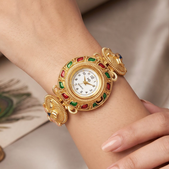 A close-up of a woman's wrist wearing a gold-plated traditional Indian style watch with red and green stone accents and a white dial.