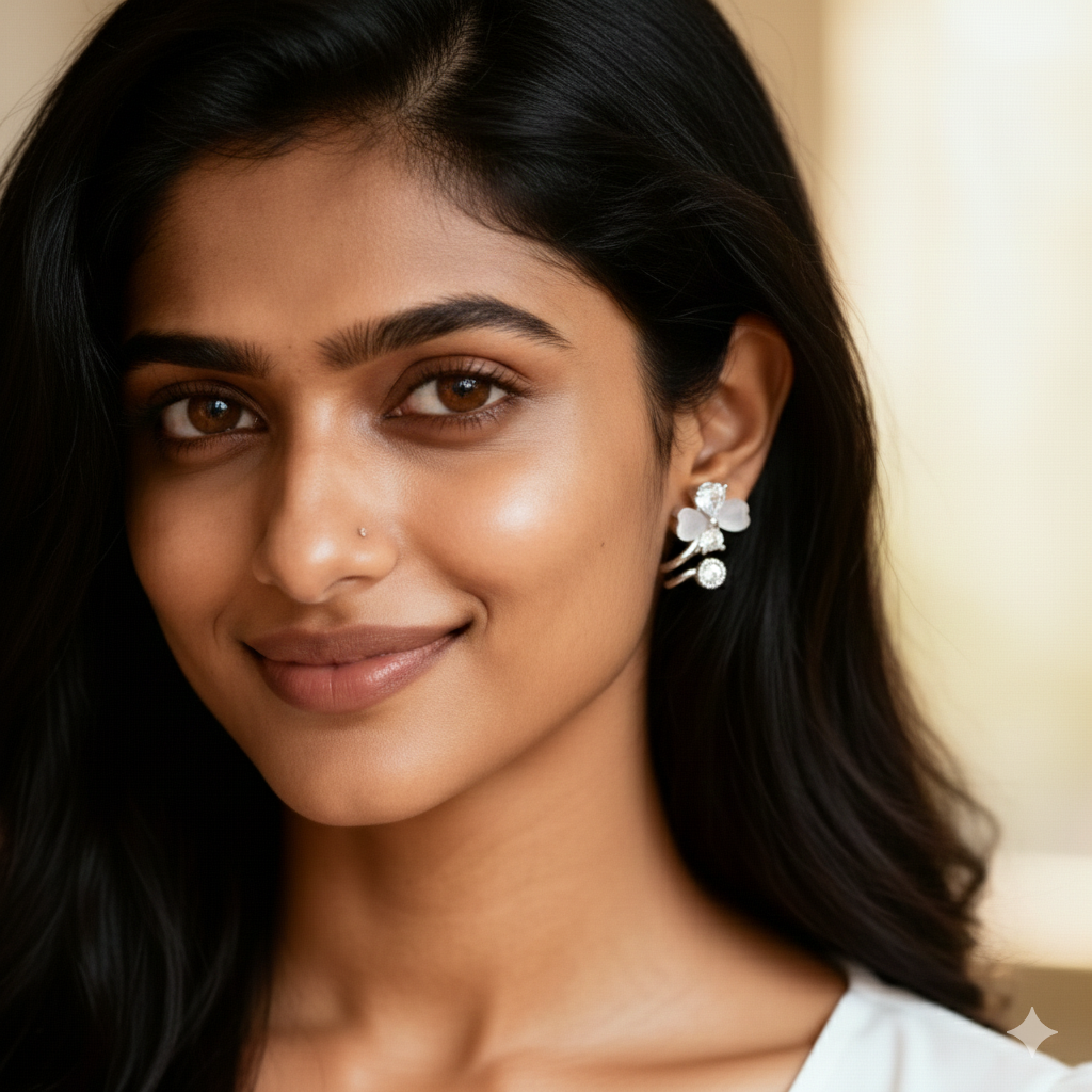 Close-up of a woman wearing floral earrings with a blurred background
