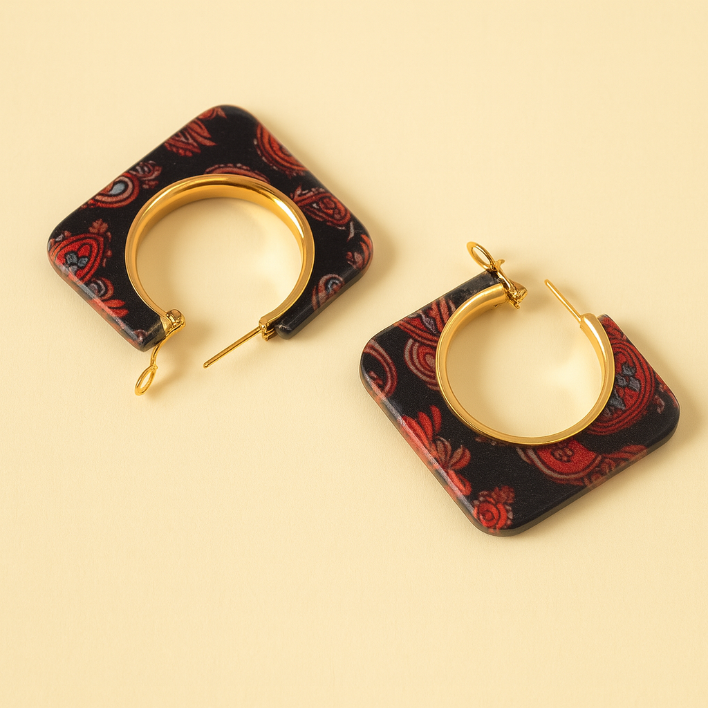 Black Paisley Square Hoop Earrings