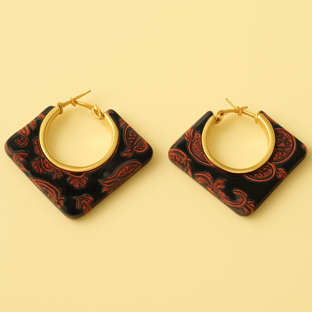 Black Paisley Square Hoop Earrings