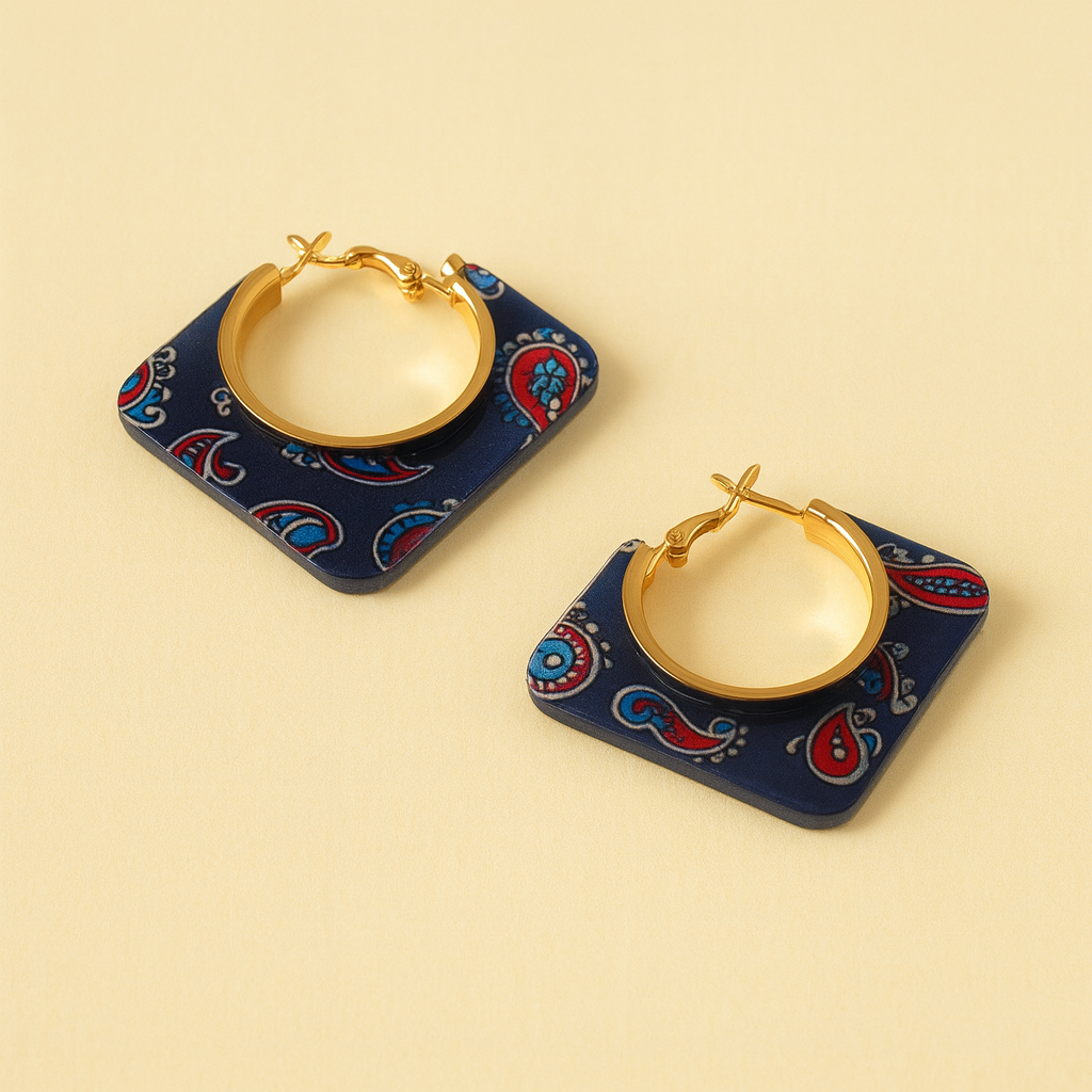 Dark Blue Paisley Square Hoop Earrings