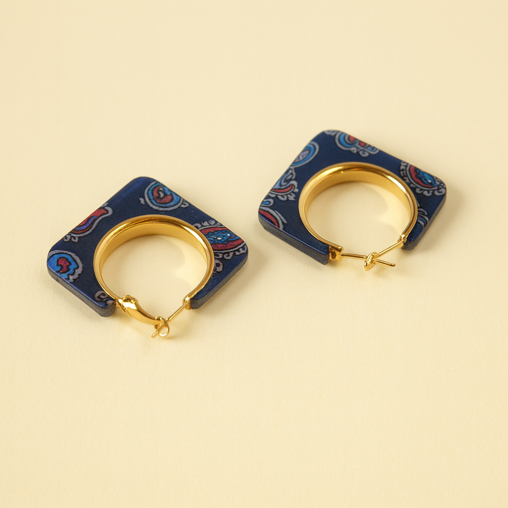 Dark Blue Paisley Square Hoop Earrings