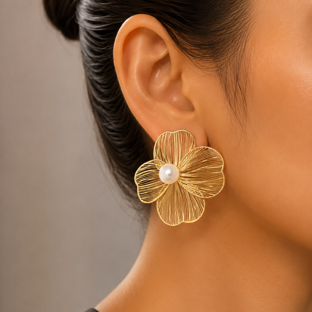 Golden floral earring with a pearl center worn by a person against a neutral background