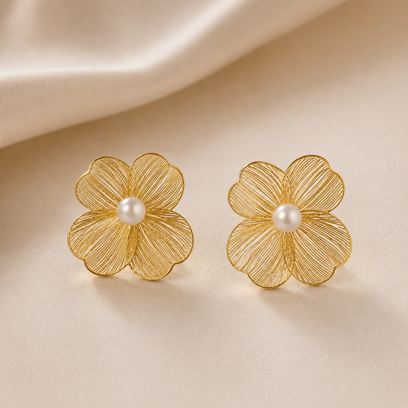 Golden flower-shaped earrings with pearl centers on a beige fabric background